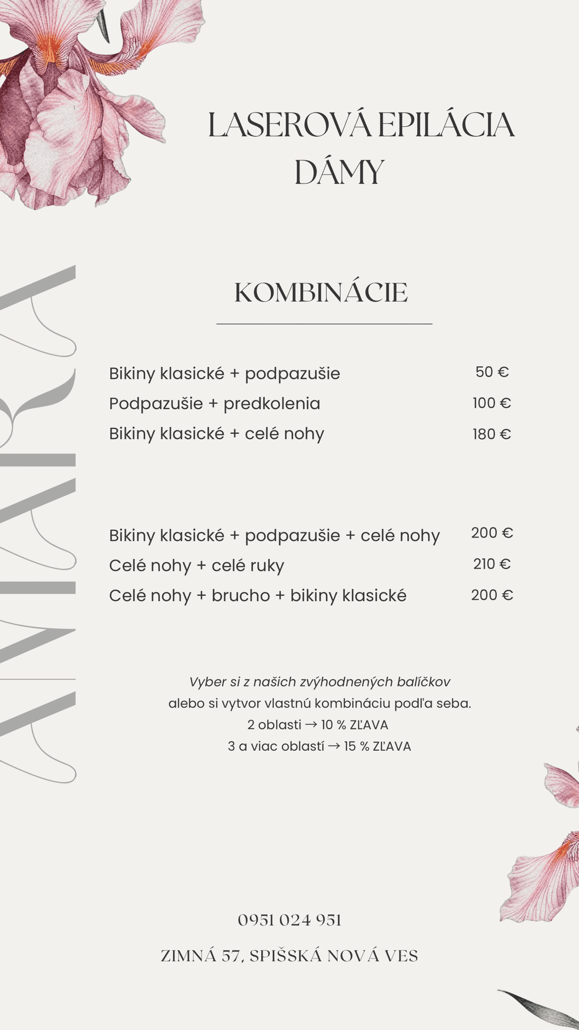 Cenník laserovej epilácie pre dámy — zvýhodnené kombinácie